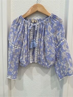 C&V Girls Lavender Floral Peasant Boho Top Size 4 Tassel Tie Long Sleeve